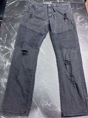 Denim Culture Black Moto Jeans Mens 36x30 Slim Straight Ribbed Knee Distressed
